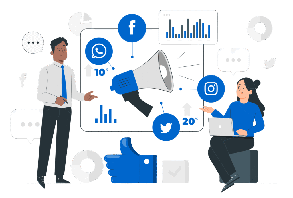 A marketing and consulting panel with animated characters